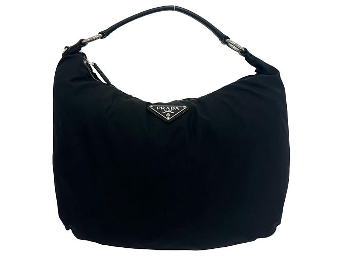 Saffiano Prada Triangle Logo Hardware Tessuto Pocono Shoulder Bag Black
