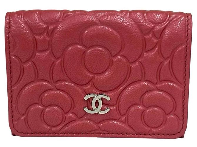 Chanel Coco Mark Camellia Leather Tri-fold Wallet Red