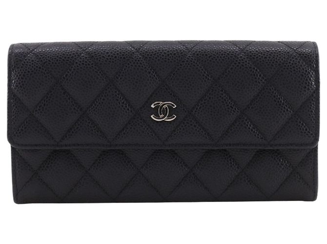 Cartera larga Chanel de piel de becerro granulada negra Negro