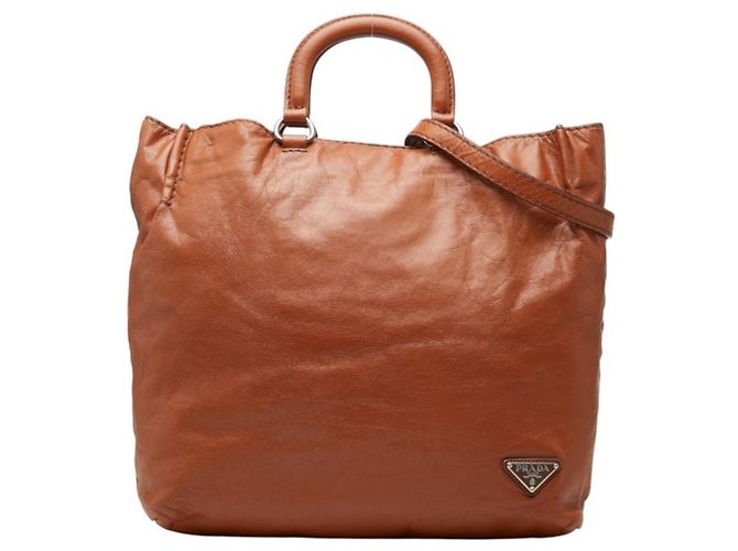 Prada Triangle Logo Plate Tote Bag Brown