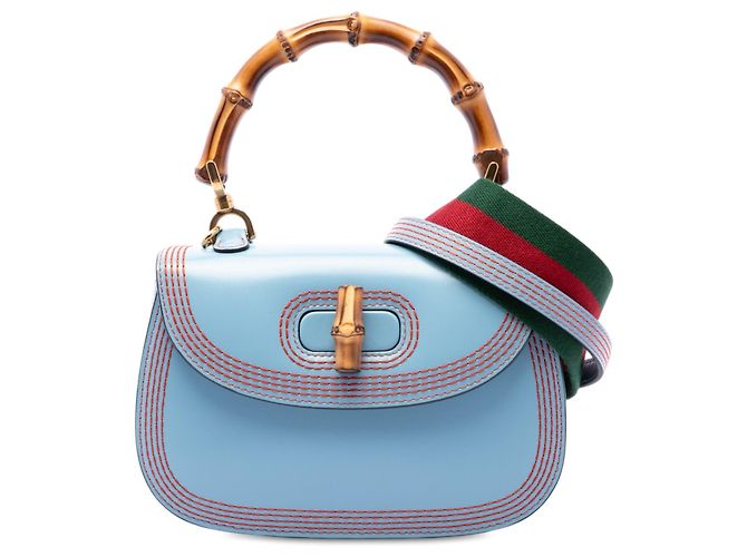 Bamboo Gucci Bolsa de mão 1947 em couro de bezerro azul com detalhes Web e bambou Azul claro