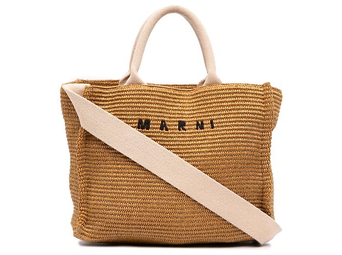 Marni Bolsa East West Pequena com Efeito de Ráfia Bege