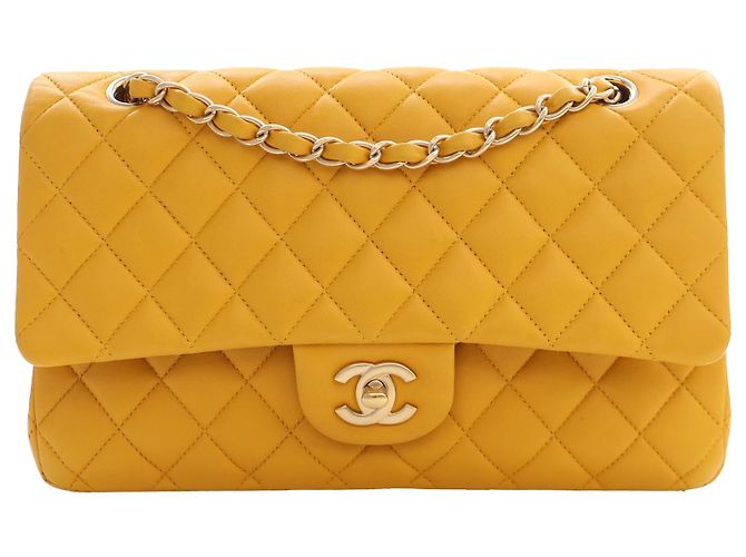Chanel Yellow Medium Classic Lambskin Double Flap Jaune Moutarde