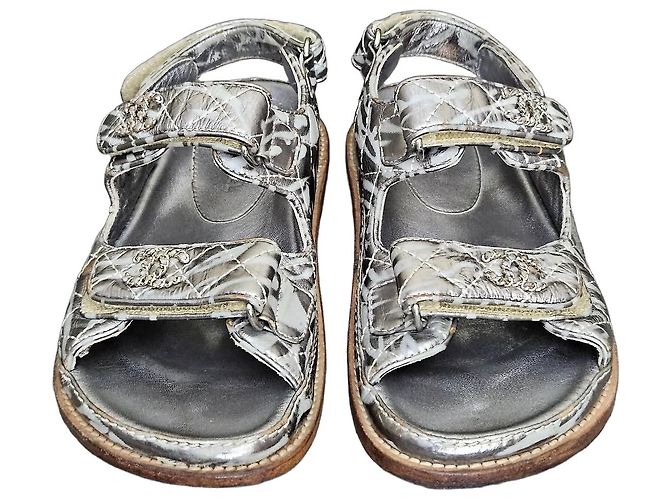 Chanel Silver Quilted Leather CC Logo Sandals Silvery
