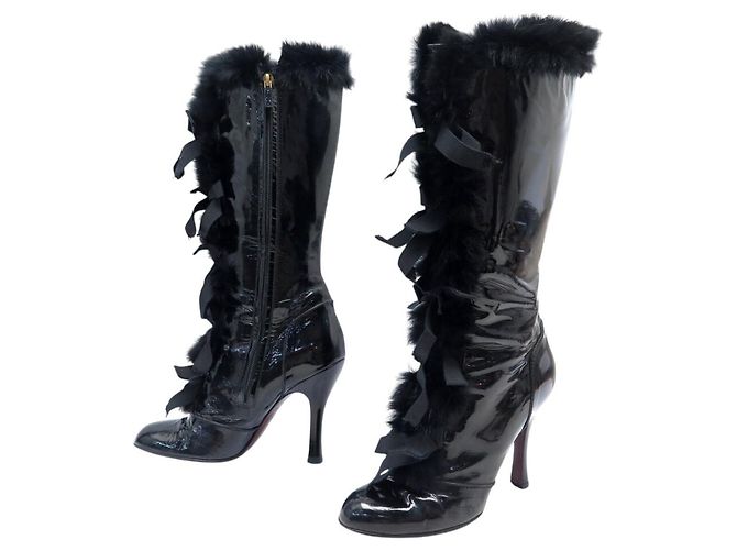 BOTAS LOUIS VUITTON DE CUERO CHAROL NEGRO & PELO DE CONEJO 39 HIGH BOOTS