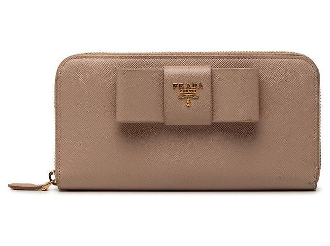 Portefeuille long Prada Saffiano Ribbon avec fermeture éclair Marron Beige