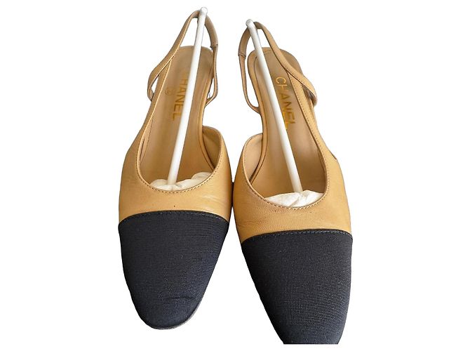 Chanel Two-Tone Slingback Block Heel Pumps Black Beige
