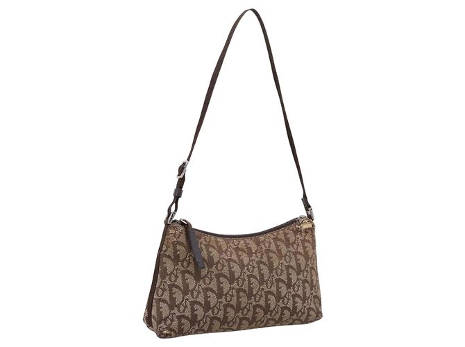 Christian Dior Trotter Canvas Accessory Pouch Beige Silver Auth 204663 Silvery