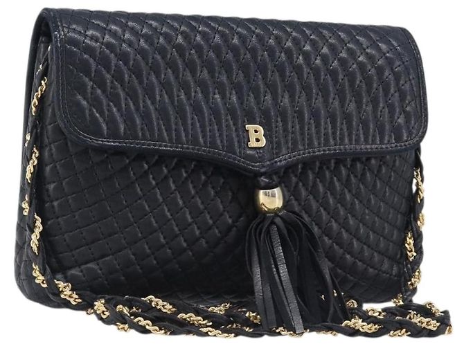 Borsa a tracolla con catena BALLY in pelle nera e oro Auth 204454 Nero D'oro
