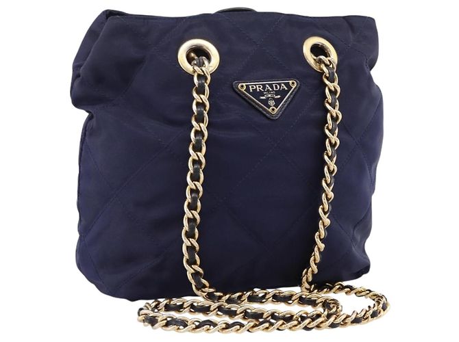 Bolsa de Ombro com Corrente PRADA Nylon Navy Gold Auth 203877 Dourado Azul marinho