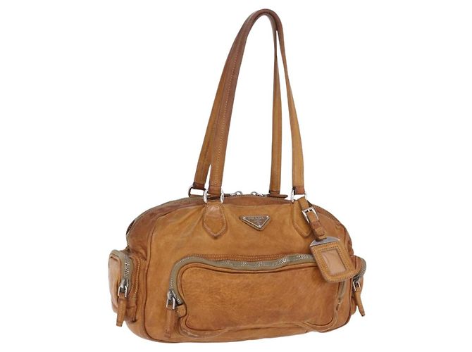 Bolso de mano PRADA de cuero marrón plata Auth am12592V Castaño