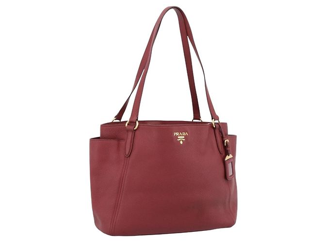 Bolso Tote PRADA Vittero Dino Leather Rojo Oro Auth 203615A Roja Dorado
