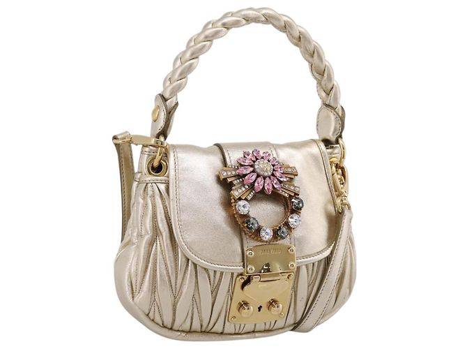 Bolsa Miu Miu Matelassé em couro 2way Champagne Gold Tom Dourado Auth 167599SAM
