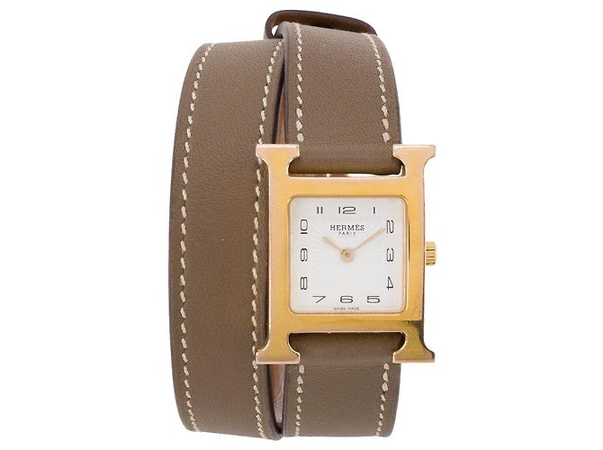 HERMÈS - Reloj Heure H Mini 21mm Hermès en cuero liso étoupe Castaño