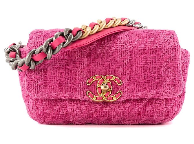 CHANEL - Bolsa cinto Chanel 19 em tweed e couro rosa