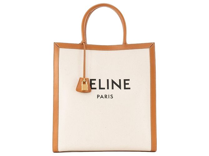 Céline CELINE - Borsa Cabas Large Vertical in tela beige e pelle marrone