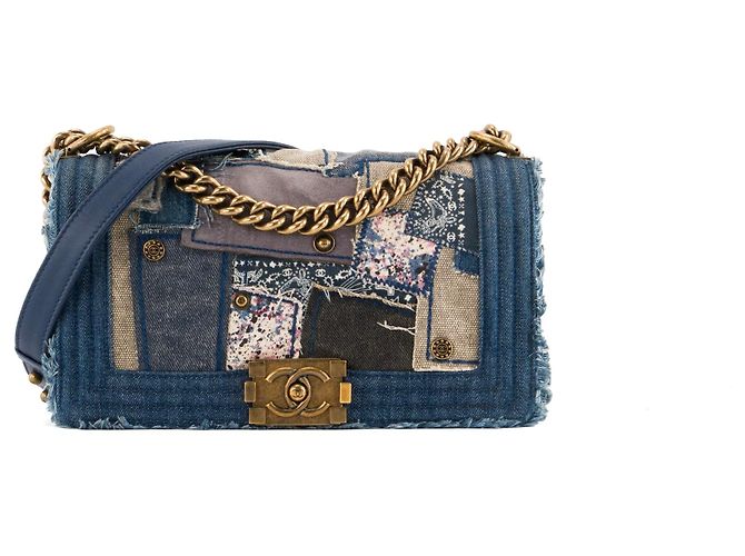 CHANEL - Borsa a tracolla Chanel Boy medium in denim patchwork blu
