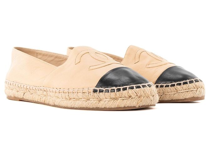 CHANEL - Espadrillas Chanel in pelle e rafia beige e nero (T38)