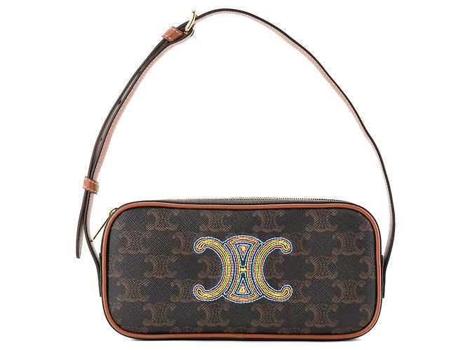 CELINE - Sac à épaule Triomphe mini Céline en toile enduite monogrammée Marron