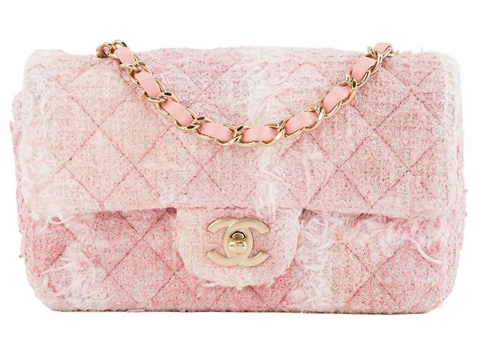 CHANEL - Bolsa de ombro Mini Rectangle Classique/Timeless Chanel em tweed rosa