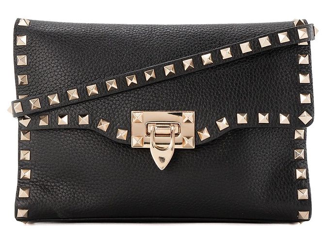 Valentino Garavani VALENTINO - Borsa a tracolla Rockstud Valentino in pelle grana grossa nera e borchie dorate Nero