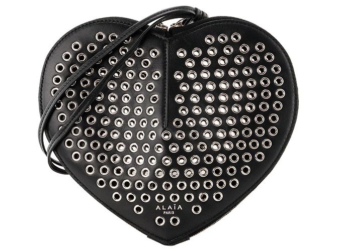 ALAÏA - Borsa a tracolla Le Coeur Alaïa in pelle liscia nera e occhielli argentati Nero