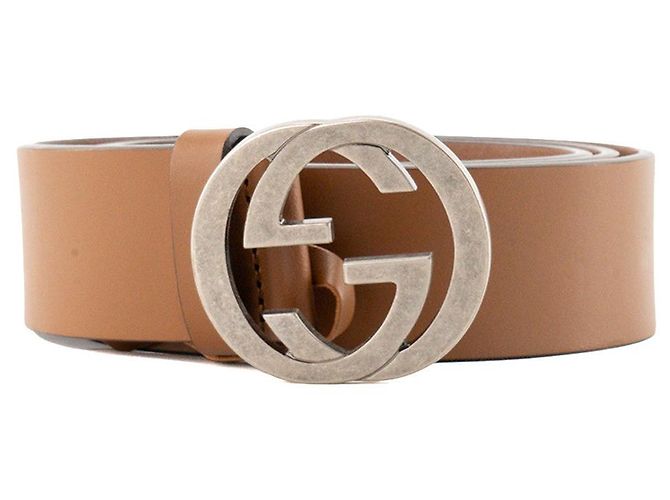 GUCCI - Cinto Interlocking Gucci em couro liso castanho (T90)