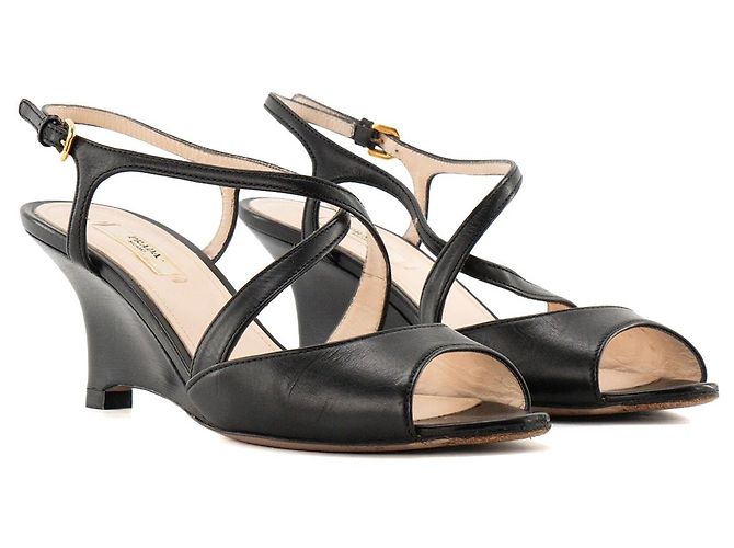 PRADA - Prada Keilabsatz-Sandalen aus schwarzem Glattleder (T37)