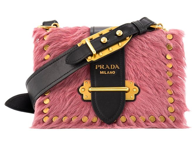 PRADA - Borsa a tracolla Prada Cahier in pelliccia rosa e pelle liscia nera