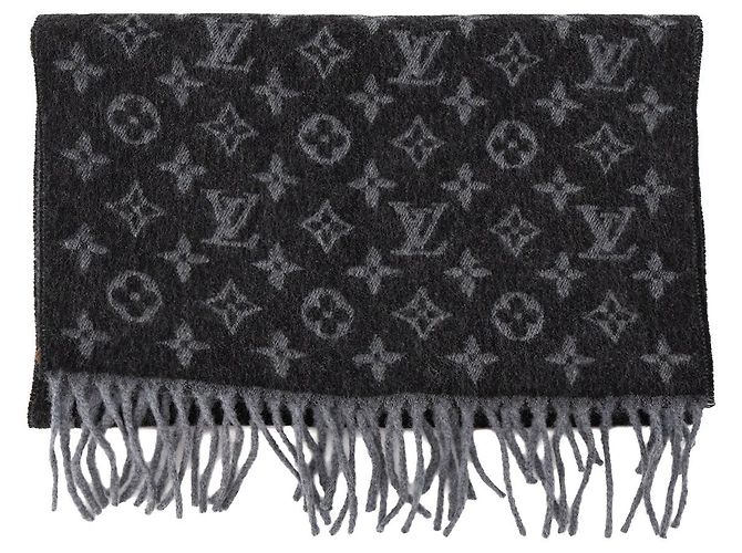 LOUIS VUITTON - Sciarpa Louis Vuitton in cashmere e lana monogrammata nero e grigio