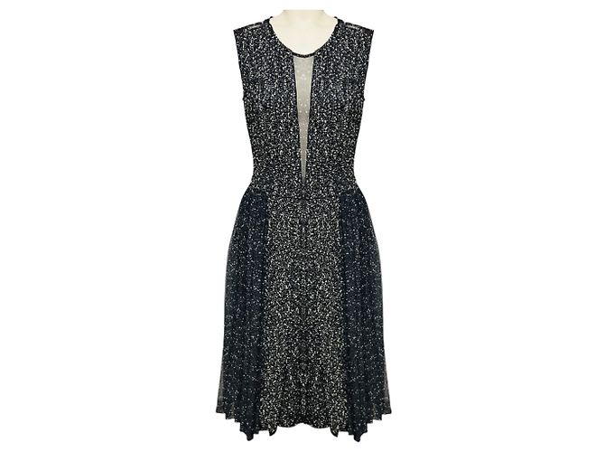 Vestido Adam Lippes Black / White / Blue / Navy Multi plissado em chiffon de seda e tweed de lã Multicor