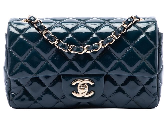 Bolsa Tiracolo Chanel Mini Rectangular Classic Patent Single Flap Azul