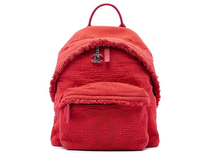 Red Chanel Quilted Canvas Front Pocket Fringe Backpack