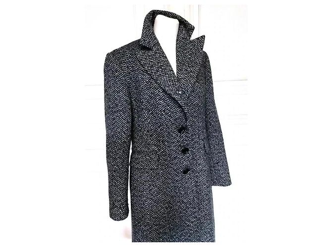 Autre Marque Exaltation Long Herringbone Tweed Wool Coat Black White