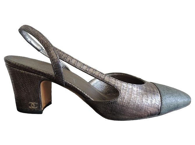 Chanel Metallic Grey Lizard Slingback Pumps