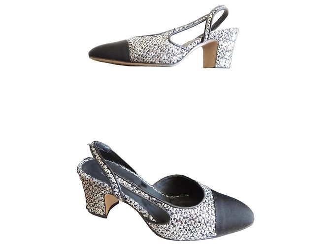 Chanel Slingback Tweed e Paillettes Argentate 38.5 Nero Silver hardware