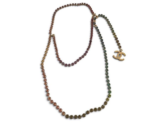 Cinto Colar Chanel Logo CC Cristais Arco-íris Multicor Dourado