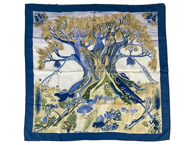 Hermès Kuggor Tree Silk Scarf Brown White Blue Golden Green