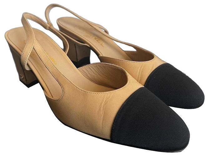 Chanel Two-Tone Slingback Pumps Black Beige
