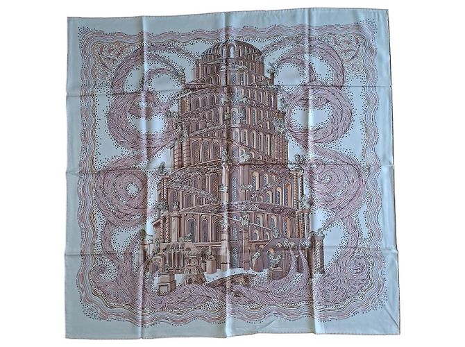 Hermès Lenço de seda "Les Arbres de Babel" Marrom Rosa Bege