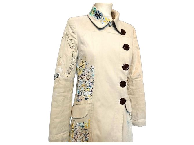 Christian Lacroix Abrigo de Algodón Bordado Multicolor Beige