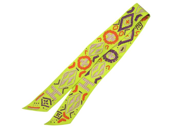 Lenço de seda Hermès Twilly Kelly En Perle H Logo Laranja Roxo Amarelo