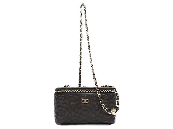 Bolsa de Ombro Vanity em couro com relevo Camellia preto e corrente Chanel