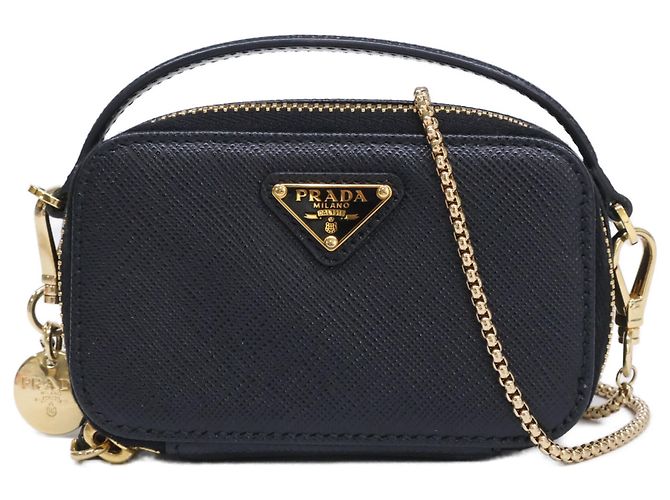 Prada Mini Bolsa Pouch Saffiano com Corrente Preto