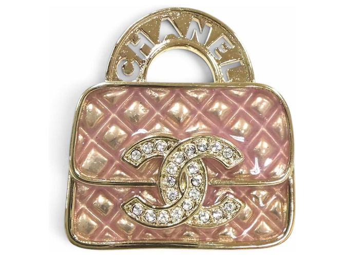 Broche motif bolsa Matelassé com strass Chanel Rosa Dourado