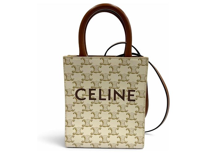 Céline Sac à épaule Mini Vertical Cabas en toile enduite et cuir Triomphe Celine Marron Écru