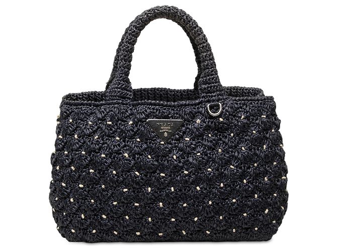 Bolsa Satchel Prada em crochê com efeito ráfia azul e bolinhas Azul marinho
