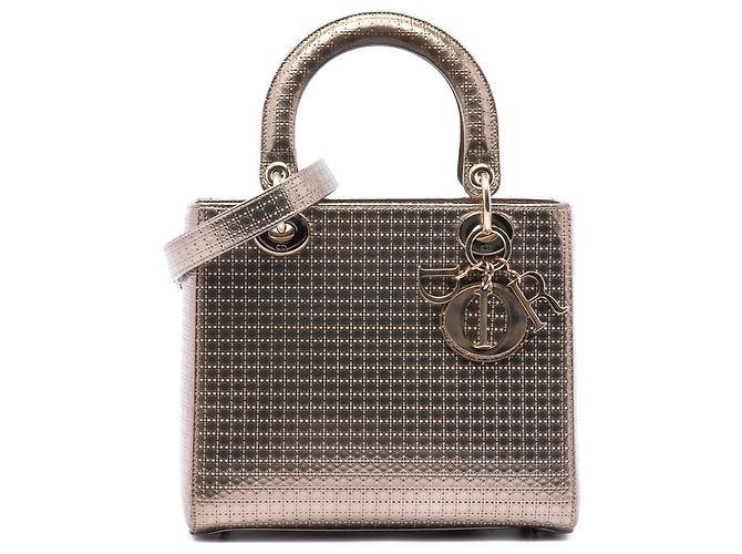 Autre Marque Dior Gold Medium Metallic Patent Microcannage Lady Dior Doré