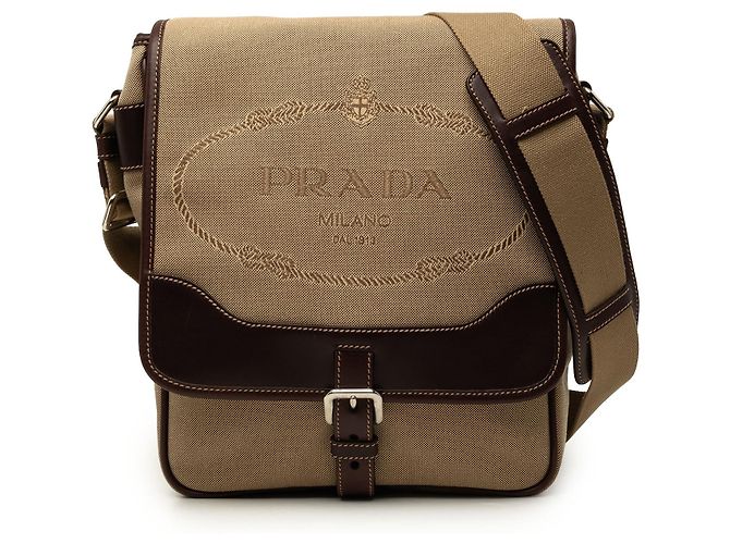 Bolso bandolera Prada de lona Canapa beige con ribetes de cuero y hebilla con logo