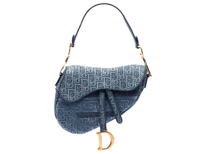 Bolsa Saddle em denim azul bordado Oblique Dior